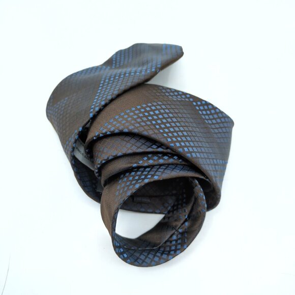 Calvin Klein CK 100% Silk Blue and Brown Checkered Tie Men's Fancy Work Career - Picture 3 of 8